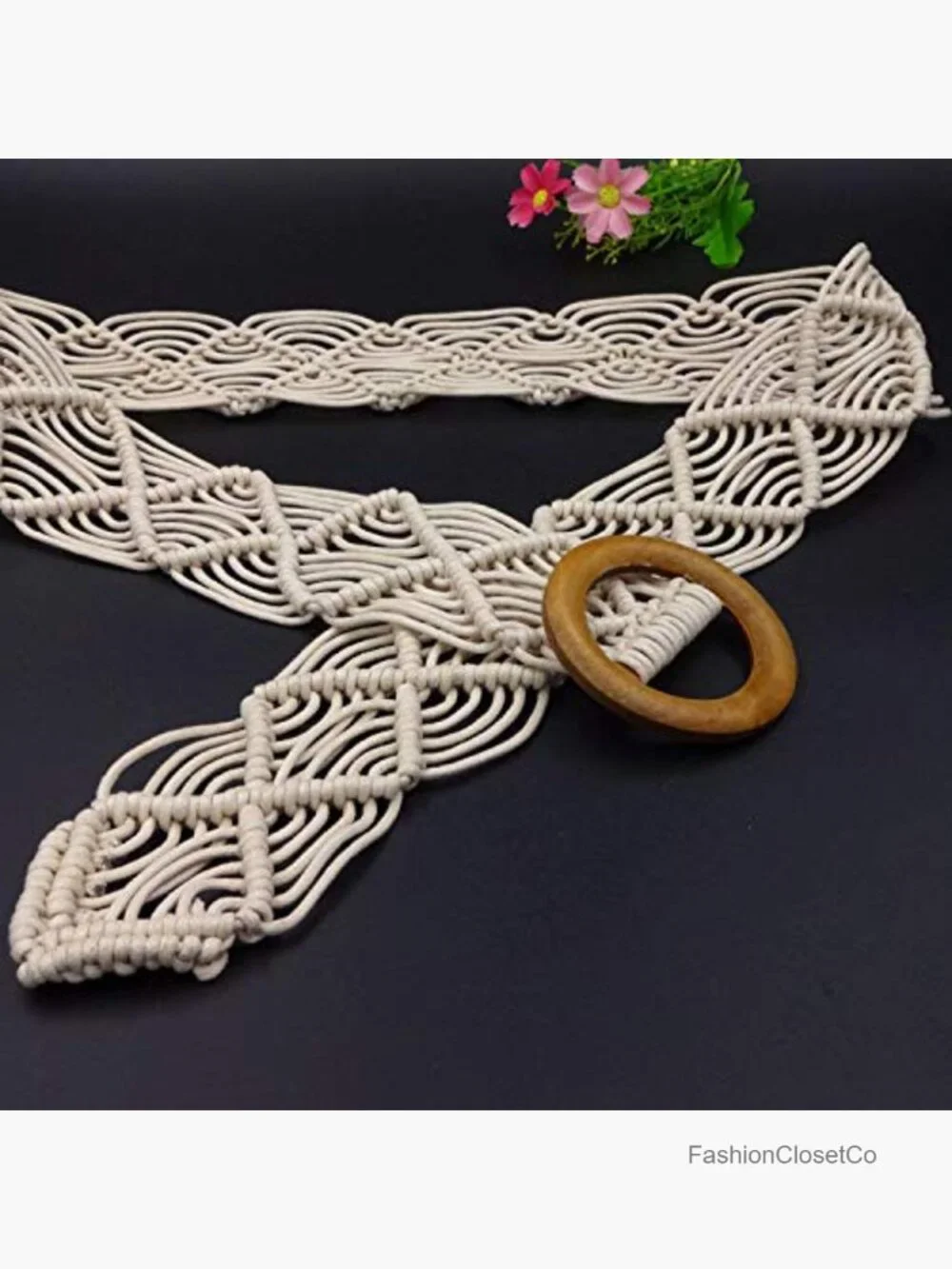 Boho Woven Rattan Straw Rope Braid Waist Belt with O-Ring Wooden Buckle